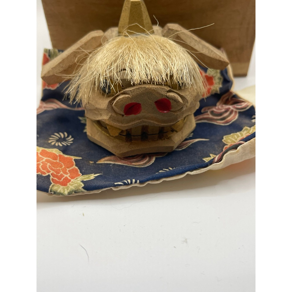 Vintage Japanese Hand Carved Shishi Oni Mask Set w Box Sword Folk Art